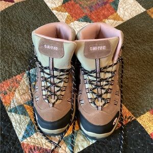 Pink and Tan Lace Up Boots with Rugged Sole